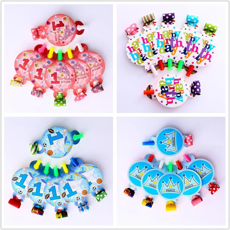 

6pcs White Happy Birthday Crown Princess Theme Printing Child Birthday Party Paper Blowout Noice Maker