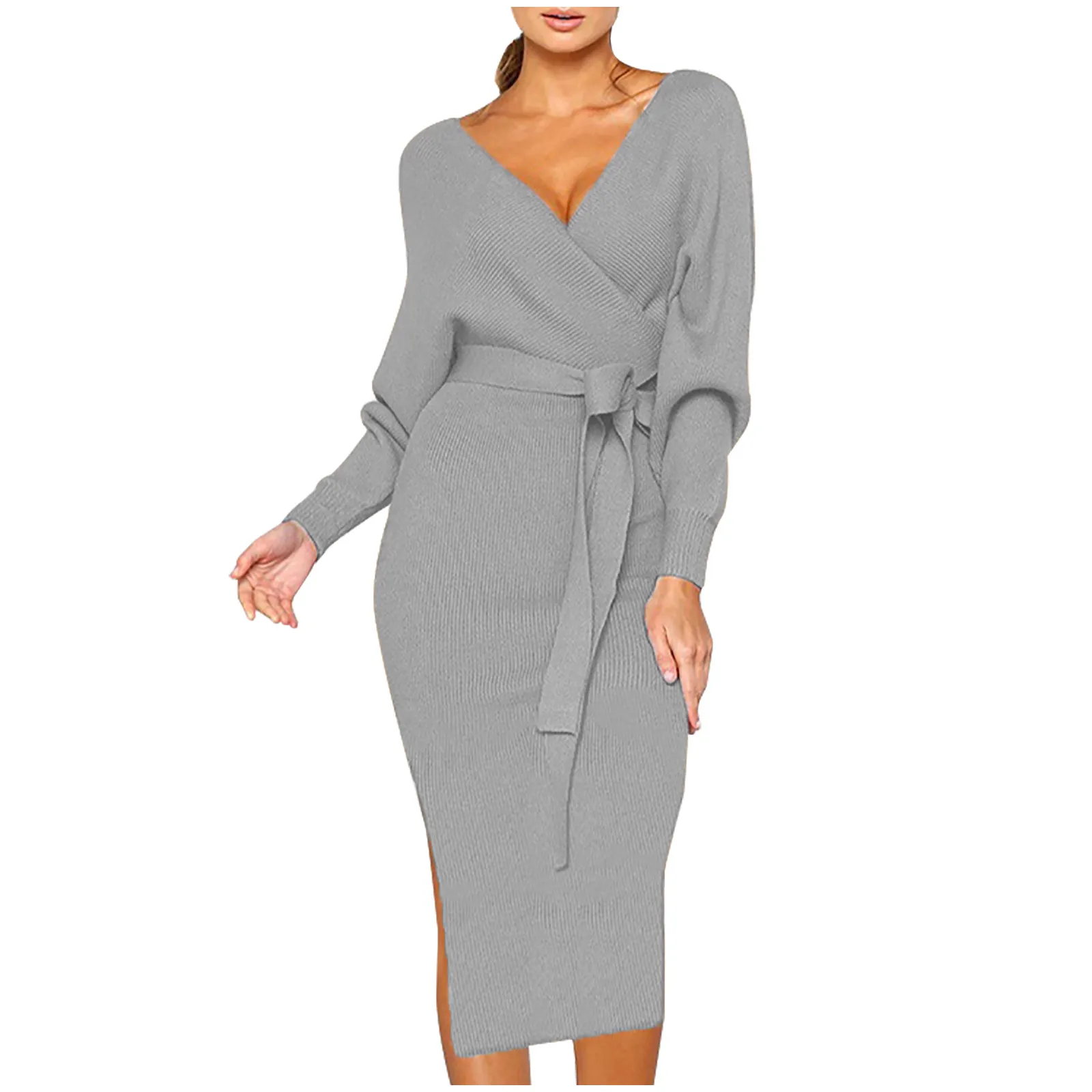 

Women's Fashion Knitted Long Sleeve V-Neck Sexy Hip Wrap Warm Long Dress