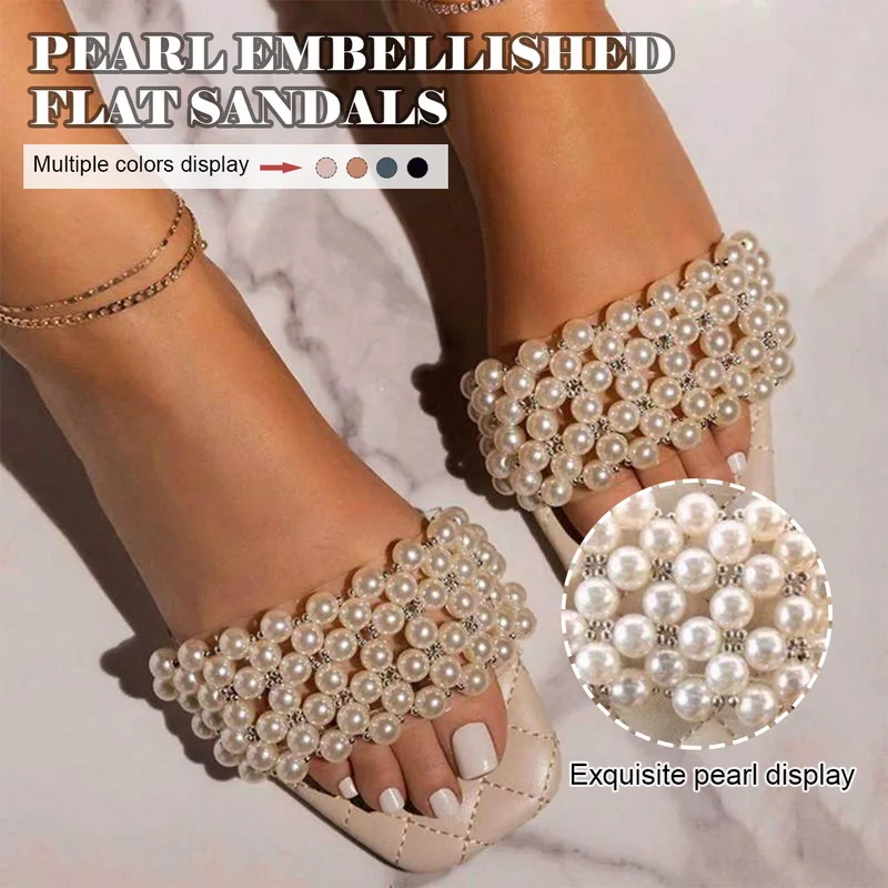 

Women Pearl Sandals Square Toe Slippers Summer Fashion Ladies Sandals Zapatillas Mujer