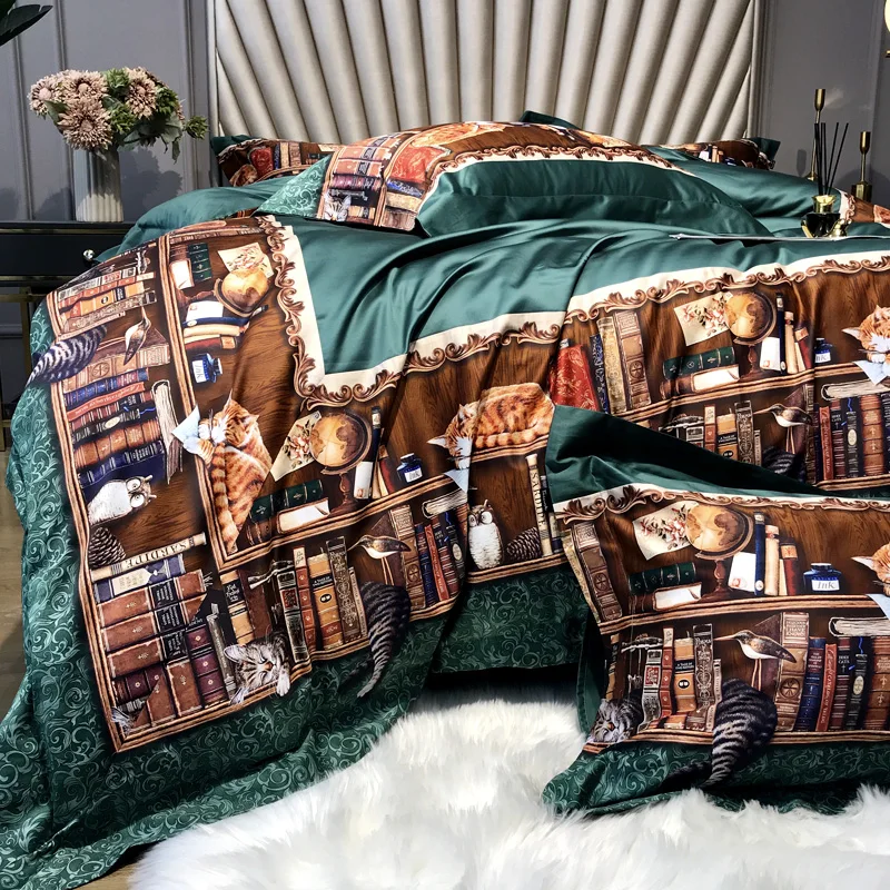 comprar Luxo Verde Impressão Digital 100S Real Gato De Algodão Egípcio Conjuntos De Cama Rainha Rei Capa De Edredão Conjunto De Folhas De Cama Fronhas 4pcs