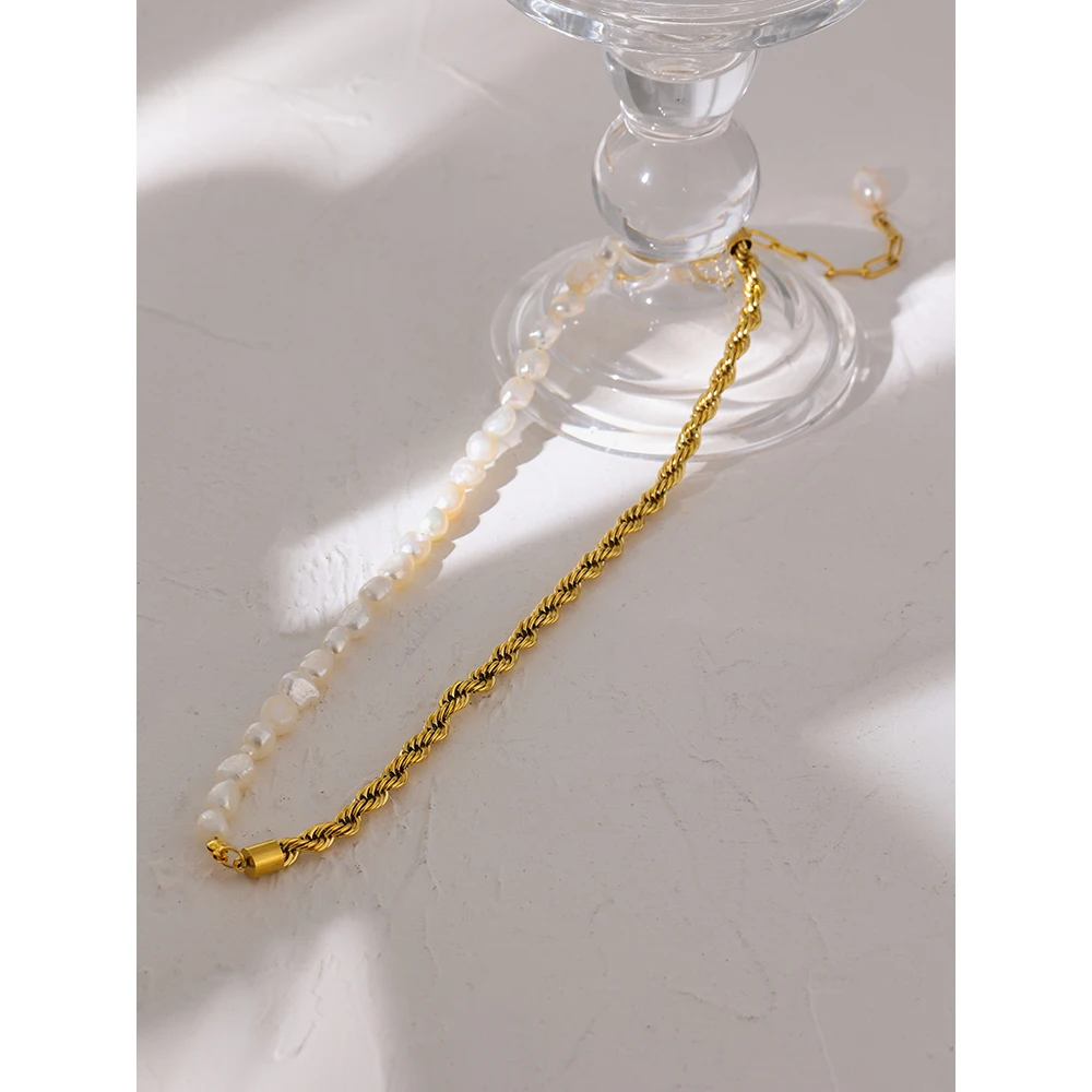 

Yhpup Waterproof 316 Stainless Steel Natural Pearl Necklace New Luxury Chain Collar Necklace 18 K Metal Gold Jewelry 2021 Women