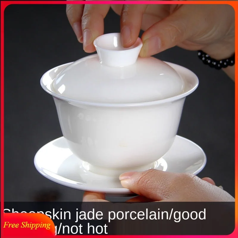 Chinese Teaset Elegant Gaiwan Tea CupsTureen Lid Bowl Saucer Tea Brew White Porcelain Ceramic Mutton Jade Kung Fu Tea Bowl