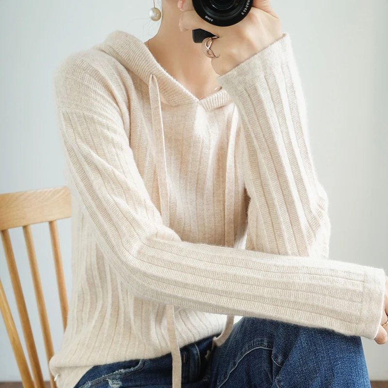 

100% Pure Wool New Cashmere Sweater Women's Hooded Collar Solid Color Pullover Fashion Plus Size Warm Knitted Bottoming Shirt