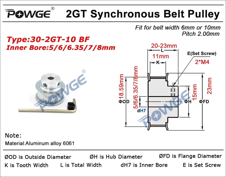 

POWGE 30 Teeth 2M 2GT Timing Pulley Bore 5/6.35/8mm for width 9mm 2MGT GT2 Timing belt 2GT pulley belt 30T 30Teeth 10pcs