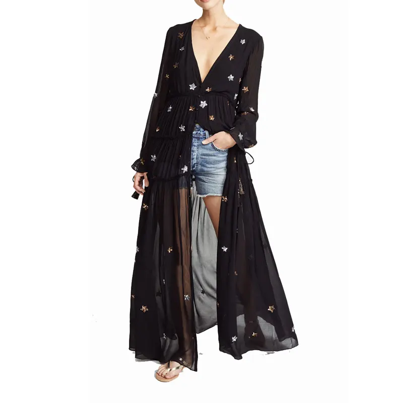 

2020 Summer Women Star Embroidery Loose Long Bohemian V neck Dress Hippie Boho Beach Holiday Women Dresses Robe longue Vestidos