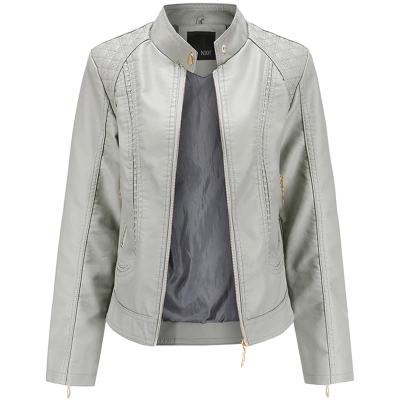 

Jacket for Women Stand Collar Long Sleeve Zipper Fly Motor Biker Outwear Solid Color Autumn Coat Women Faux Leather Jackets