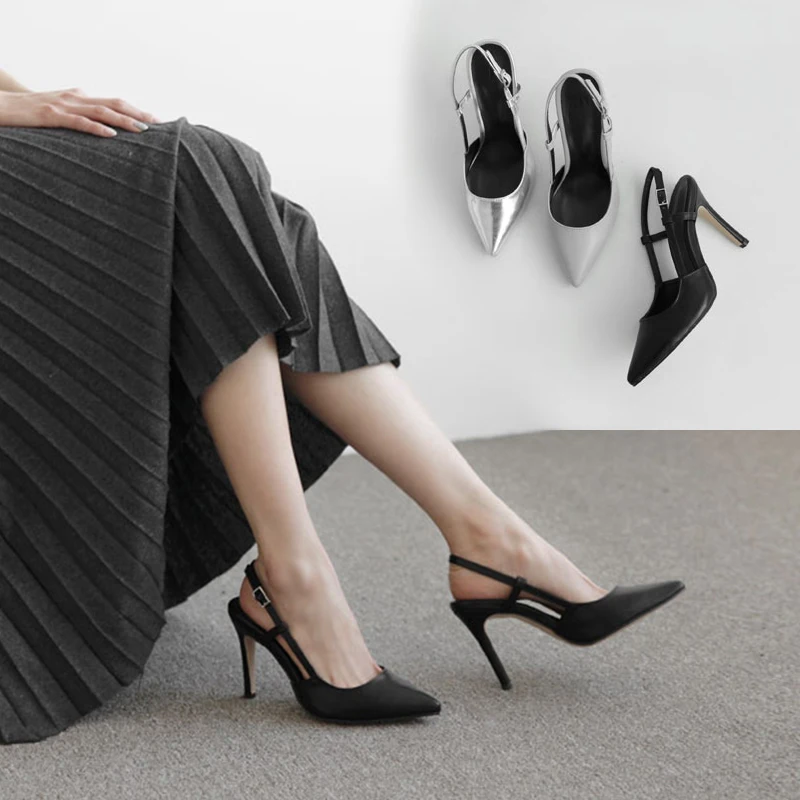 

Summer Sandals Women Baotou Pointed Black High Heel Shoes Word Buckle Fine Heel Women Shoe Leather Shoe 6cm 8cm heel Size 33 42