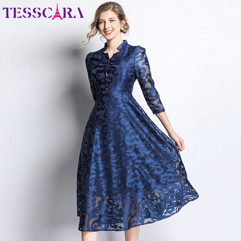 TESSCARA, женское весенне-осеннее элегантное кружевное платье, рубашка для женщин, высокое качество, Винтажный дизайн, красные платья, Длинные офисные вечерние платья