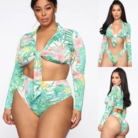 2021 new bikini european and american plus size womens long sleeved high waist printed strappy swimsuit two piece suit
