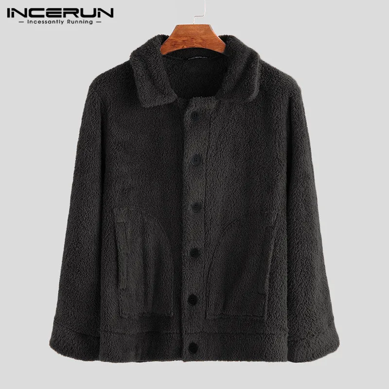 INCERUN мужские флисовые куртки, пальто, уличная одежда с длинным рукавом, однотонная верхняя одежда с отворотом, на пуговицах, пушистые модные зимние плюшевые пальто 7