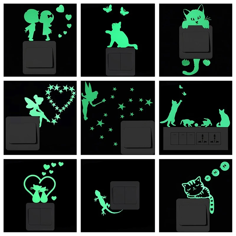 

Luminous Cartoon Switch Sticker Glow in the Dark Cat Sticker Fluorescent Fairy Moon Stars Sticker Kid Room Decoration Home Decor