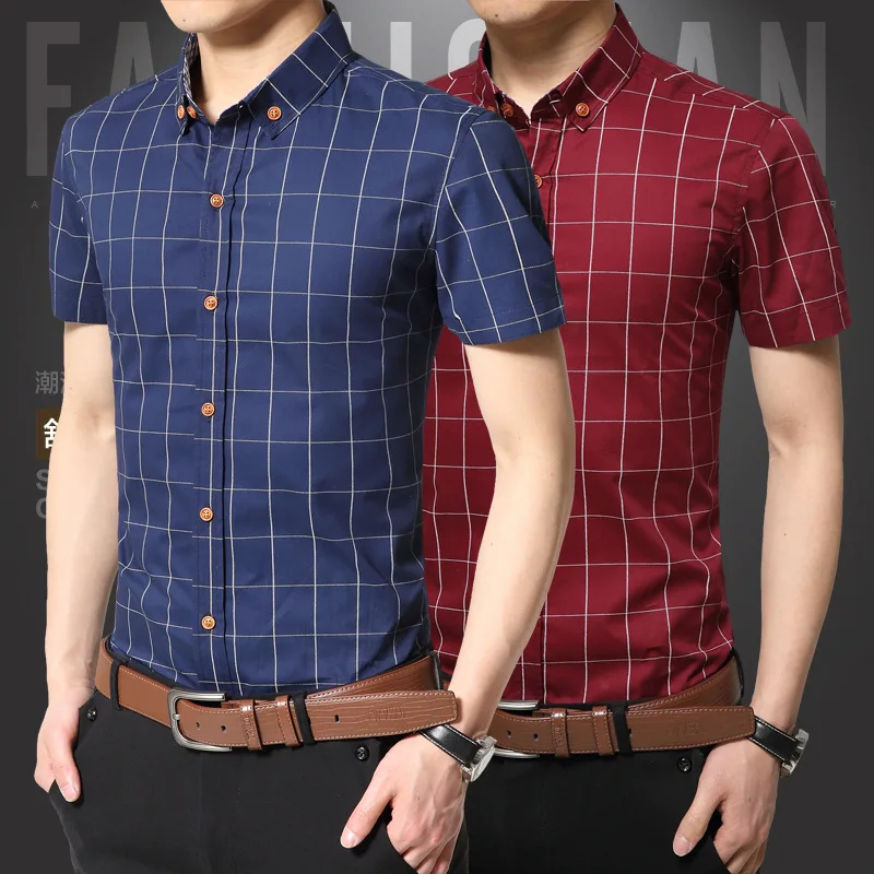 

2021 Summer New Cotton Men's Turn-down Collar Short Sleeve Large Lapel Business Shirt Slim Thin Plaid Shirt for Men's Wear 4XL