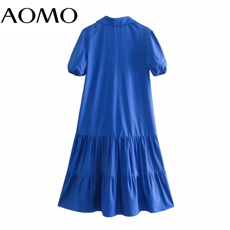 

AOMO 2021 Women Blue Casual Shirt Dress Puff Short Sleeve Ladies Pleated Midi Dress Vestidos 3H782A