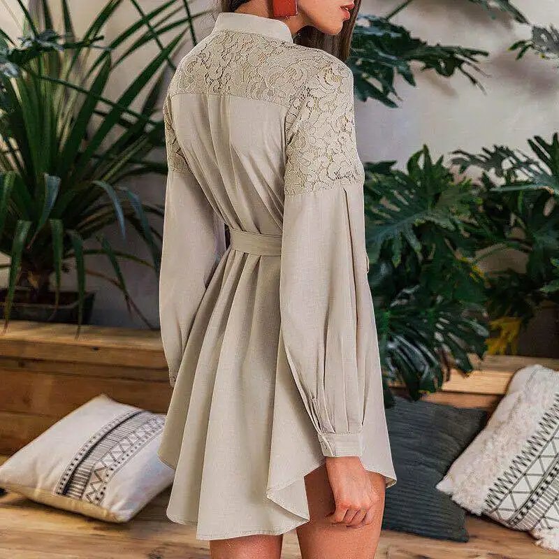 

Women's Elegant Shirt Dress Lace Up Long Sleeve Belt Buttons for Autumn Spring Dresses Party Vestidos Lace Female Clothes
