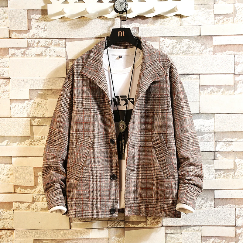 Мужское шерстяное пальто в клетку с отложным воротником на пуговицах | Мужская