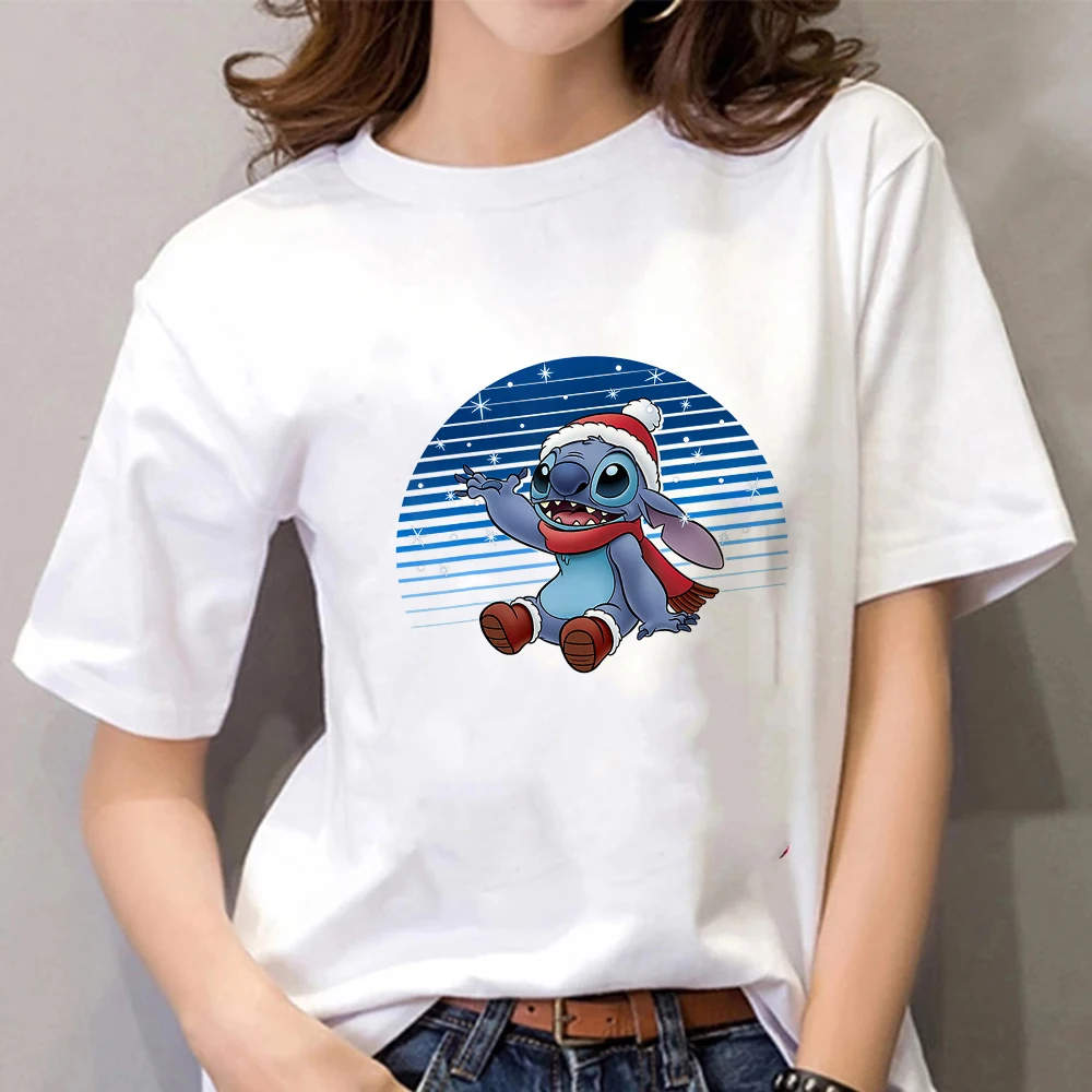 Breathable T Shirt Womne Disney Lilo & Stitch Simplicity Marry Christmas Print Female Clothing Snow Hip Hop Leisucre T-shirt