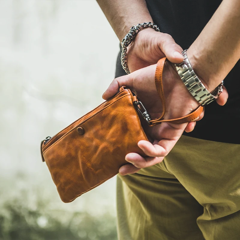 Мужской кожаный дизайнерский клатч в стиле ретро первый слой тонкий длинный