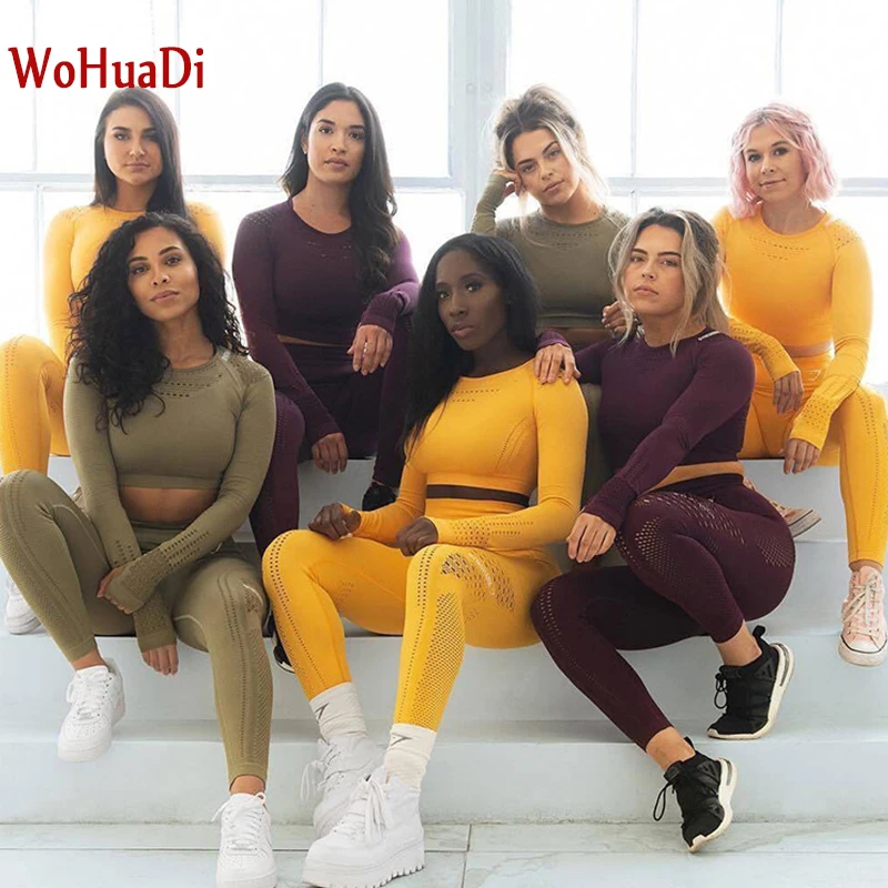 

WOHUADI зимний 2022 спортивный костюм Йога тренажерный зал комплекты тренировки одежда для фитнеса бега спортивная одежда женские сетчатые легг...
