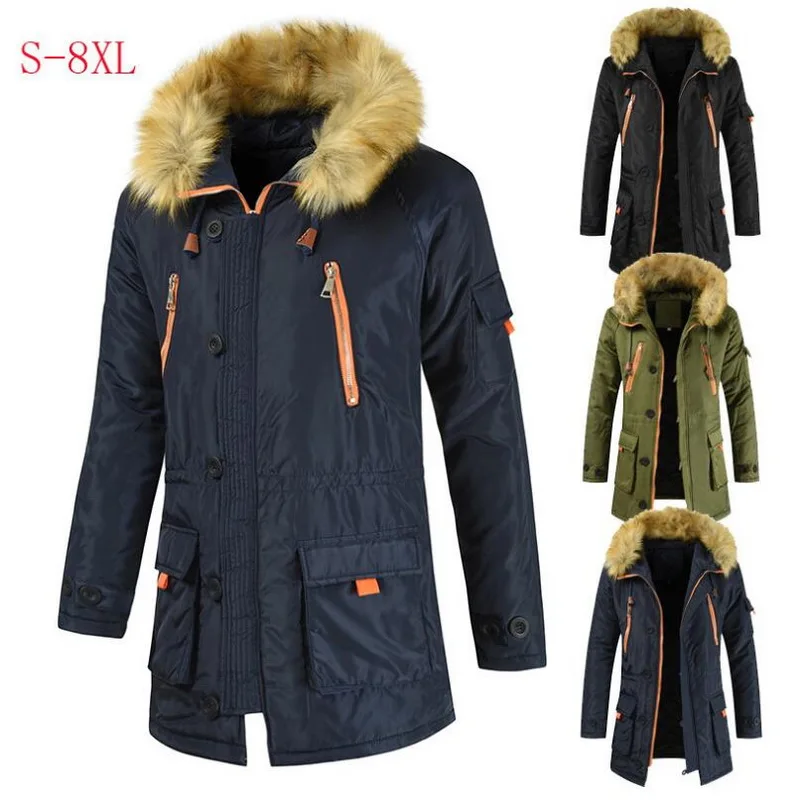 Mid-Length Padded Jacket Men Thick Warm Parkas Fur Collar Outwear Thick Parka Fur Hood Warm Overcoat