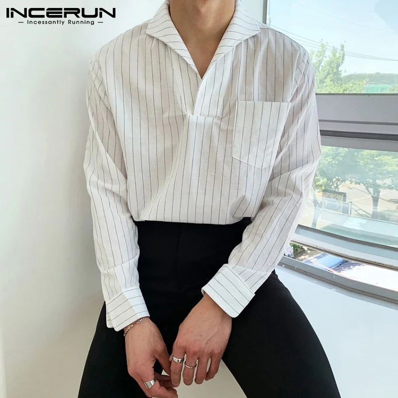

Men Leisure Long Sleeve Shirts INCERUN Casual Striped Lapel Neck Blouse Korean Style Man Pockets Loose Chemise Streetwear S-5XL