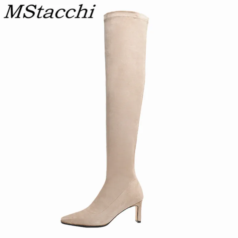 

MStacchi Elegant Over-knee Woman Boots Plush Elastic Fabric Outdoor Crude Heel Party Soft Shoes Comfortable Botas Largas Mujer