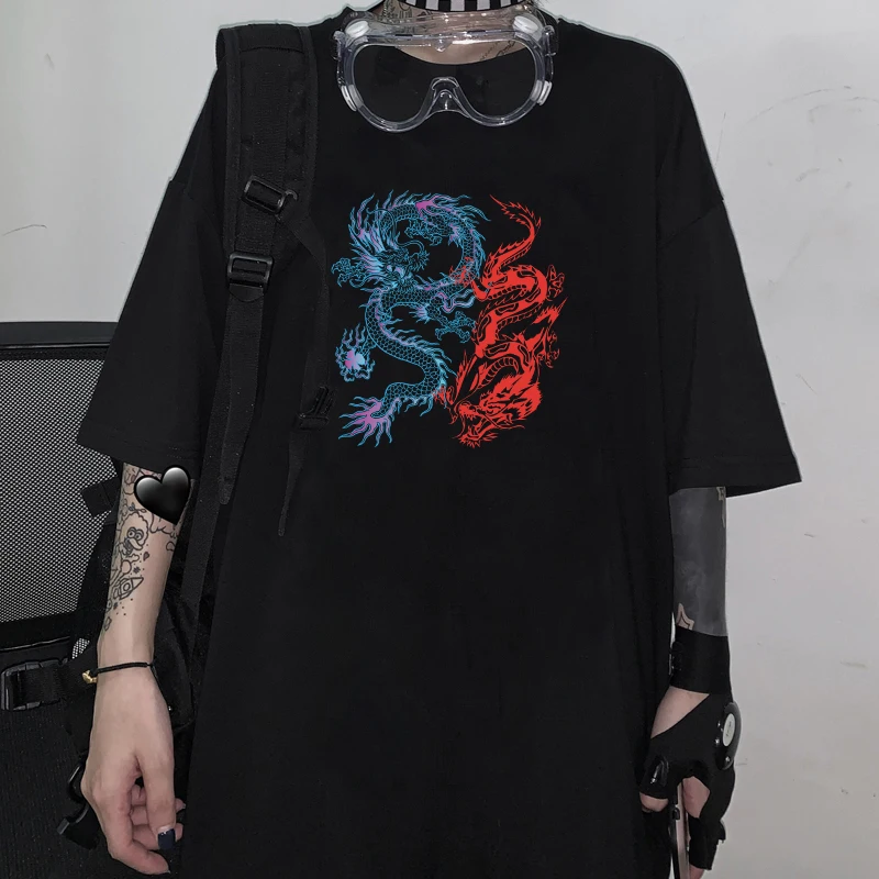 Женская футболка ulzzang Harajuku уличная одежда винтажная с китайским драконом летняя