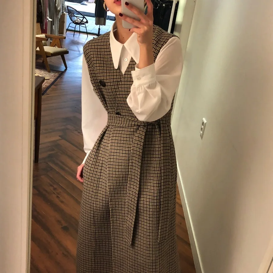 Женское винтажное клетчатое платье без рукавов с v образным вырезом белая