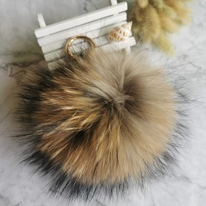 Imported Big 15cm Fluffy Real Fox Fur Ball Pom Poms Natural Fur Pompom Leather Strap Keychain Key Chain Ring 