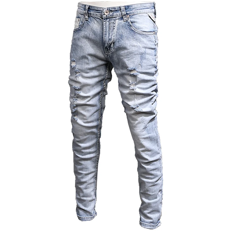 Mens Light Blue Ripped Jeans Men Summer Thin Straight Slim Fit Pants Streetwear Cotton Denim Trousers