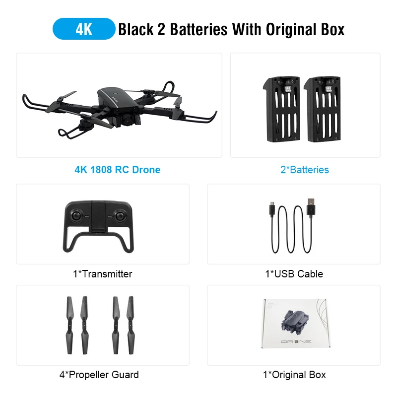 Black 4K 2Batteries 1808 wifi FPV с 4K широкоугольной камерой оптический поток режим удержания высоты складной Радиоуправляемый Дрон Квадрокоптер RTF - Цвет: Black 4K 2Batteries