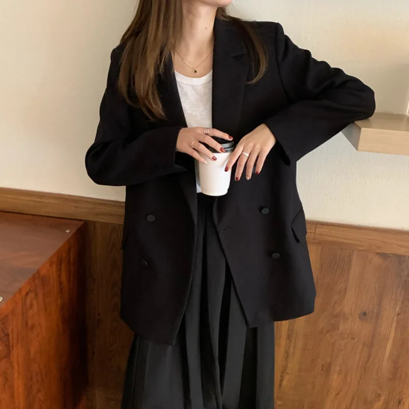 Женский двубортный Блейзер элегантный черный повседневный пиджак в Корейском