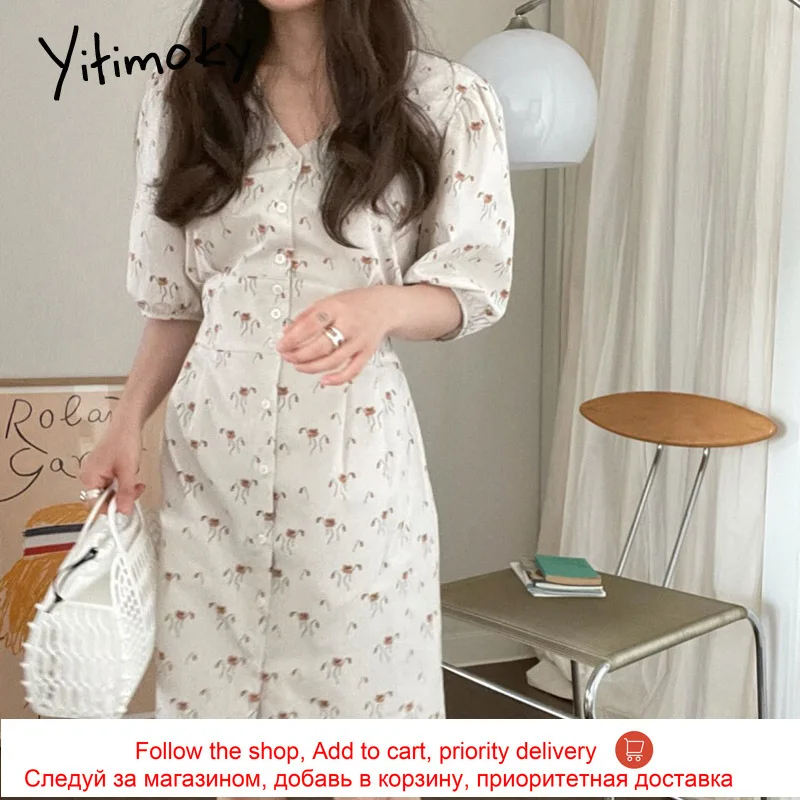 

Yitimoky Vintage Woman Dress Lace Up V-Neck Single Breasted Puff Sleeve 2021 New Simple Floral High Waist Slim Out Wear Dresses