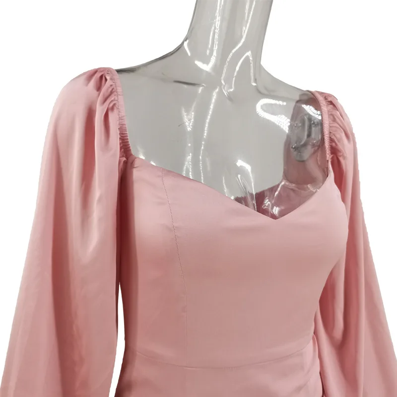 

Women Vintage Lantern Sleeve Dress solid ruched split Vestidos Bodycon Package Hip Party Dress square neck chic satin dress