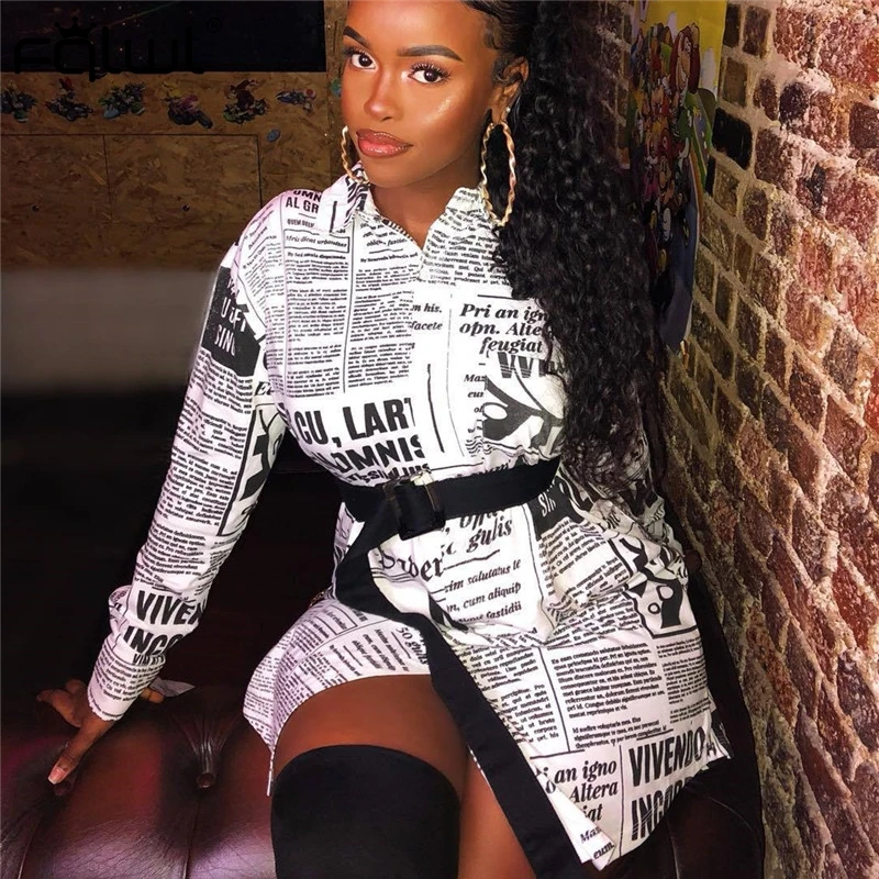 FQLWL Newspaper Letter Printed Long Blouse Shirt Women Tops Sleeve Loose Female Blusas Autumn Sexy Club Ladies | Женская одежда