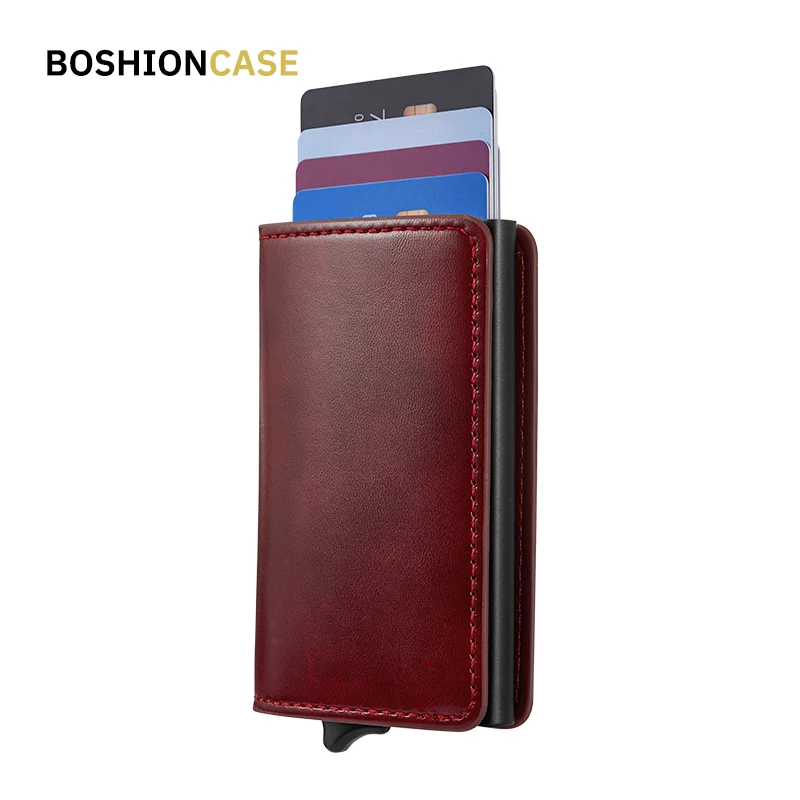 

BOSHIONCASE Credit Cardholder Mini Portfel Na Karty Porta Carte Di Credito Pasjeshouder Dames Pop Up RFID Leather Card Wallet