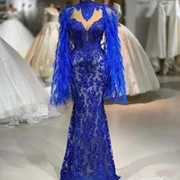 womens long lace formal evening dress high collar full feathers sleeves wedding party gown beaded appliques mermaid female robe