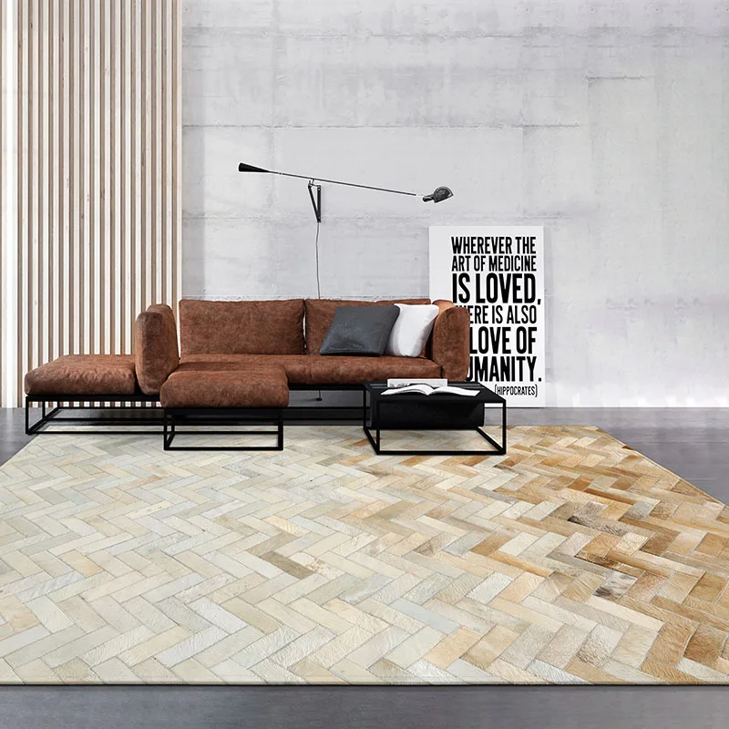 

American Style Luxury Cowhide Seamed Striped Carpet Natural Cow Skin Fur Carpet for Living Room Decoration Office Carpet