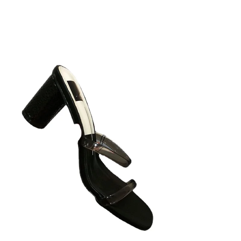 

Light Luxury Women's Shoes Square Toe Open Toe Sandals New Sexy Black Transparent Thin Belt Round High Heel Personality Slippers