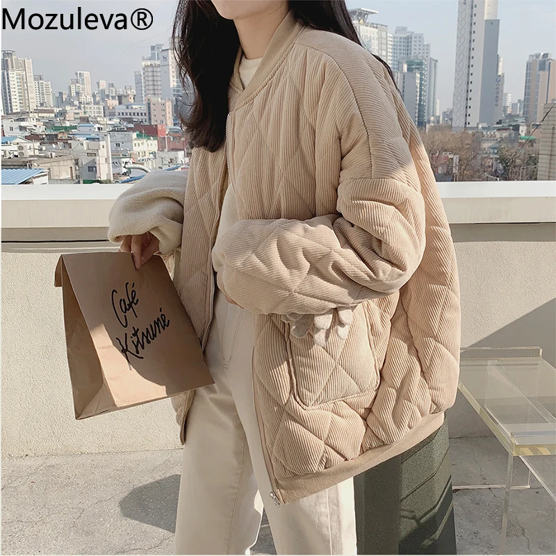 

FAKUNTN Mozuleva New 2021 Autumn Winter Women thick Jackets V-neck Puffer Corduroy Parkas High-Quality Warm Oversize Vintage