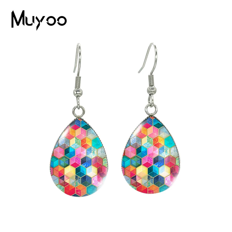 2021 Новые серьги Rainbow Honeycomb Tear drop с яркими гексагональными узорами на крючках и стеклянными кабошонами, ручная работа.