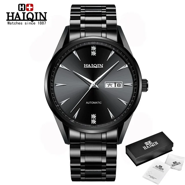 black HAIQIN Роскошные Брендовые мужские часы, автоматические часы с датой, мужские механические/деловые часы, мужские полностью стальные водонепроницаемые спортивные часы - Цвет: black