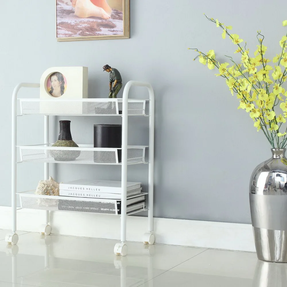 

Изысканная трехярусная сетчатая тележка для хранения с крючком для кухни ванной или гостиной цвета слоновой кости