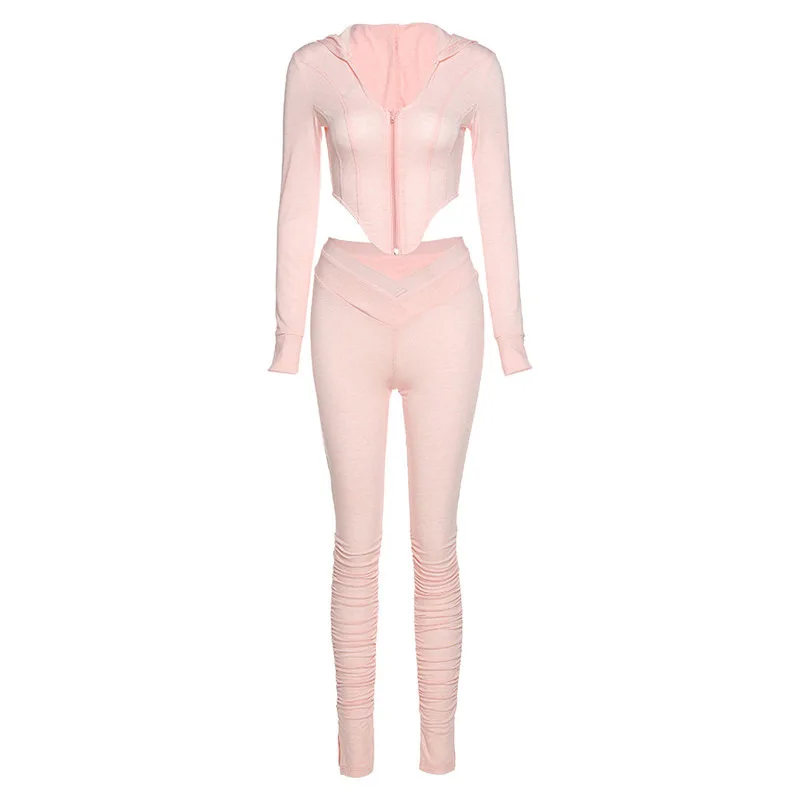 

WEPBEL Cardigan Hooded Shirt + Casual Tight Pants Women's 2pcs Clothes Set Long-Sleeved Fold Sports Clothing Suit Solid Color