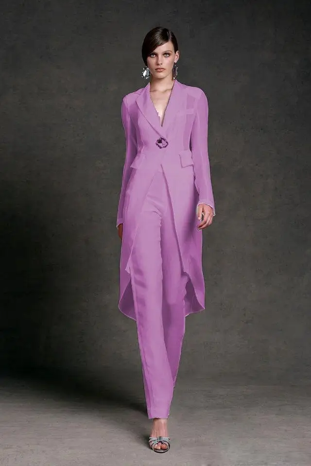 

Modest Chiffon Mother of the Bride Dresses Pants Suits V-Neck Long Sleeves Formal Evening Gowns Ankle Length Mother of the Bride
