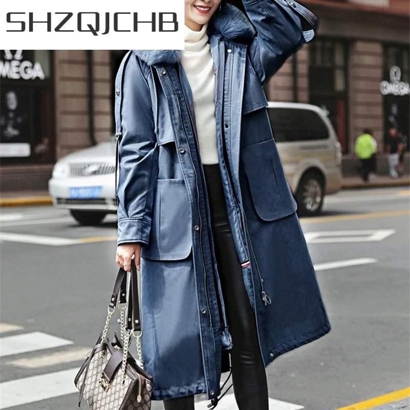 

JCHB 2021 Fur Parkas Real Woman Coat Winter Jacket Women Fox Fur Collar Rex Warm Rabbit Fur Liner Long Coats Female Parka HY1901