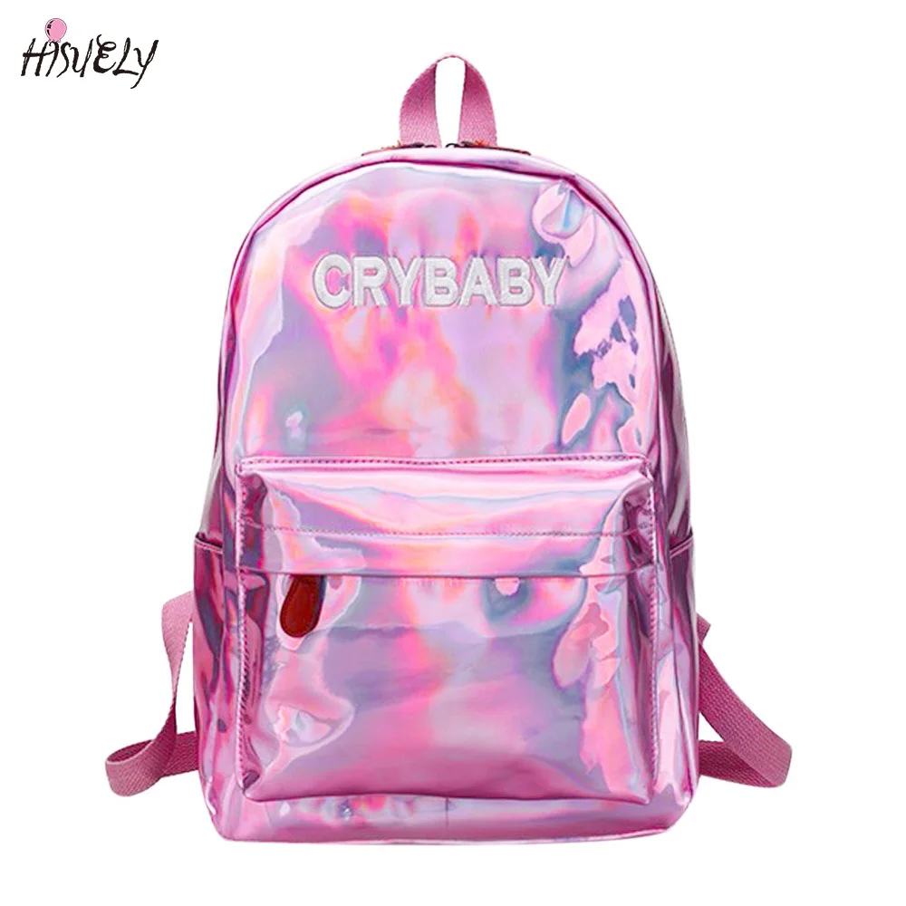 

Дорожные сумки для девочек-подростков, серебристый, синий, розовый рюкзак из искусственной кожи с лазерной печатью, голографический школьн...