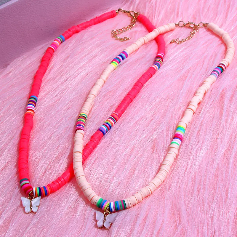 Ожерелье с кулоном бабочкой женское многоцветное колье из полимера ручной