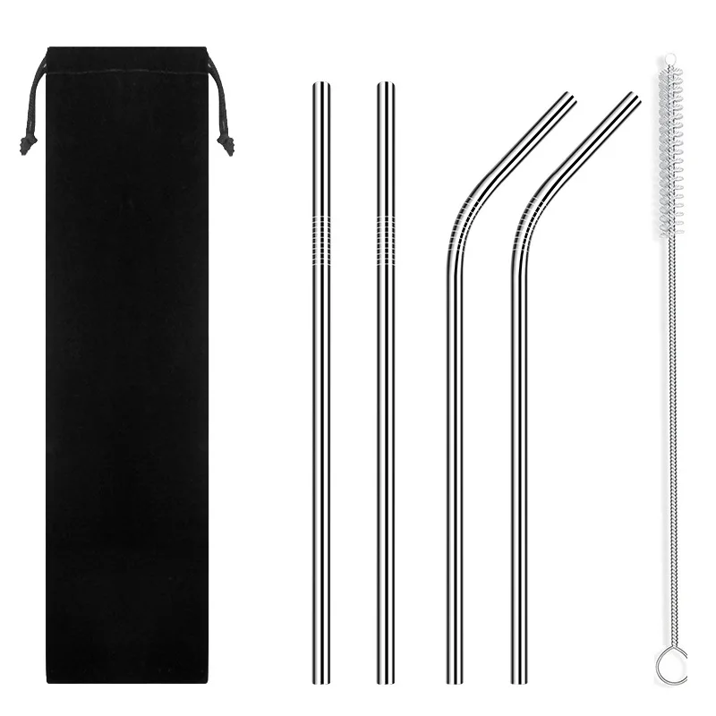 Silver black bag 2 шт Прямая соломинка из нержавеющей стали+ 2 шт изогнутая соломенная чайная пипетка портативный набор многоразовая соломинка+ 1 шт соломенный мешок Чистящая Щетка - Цвет: Silver black bag