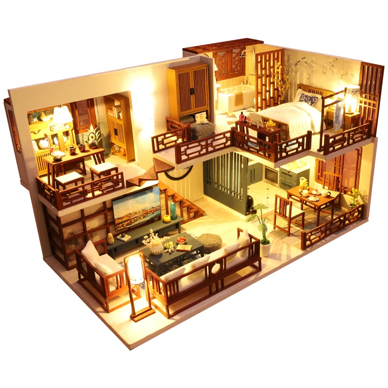 

Miniature House DollHouse Wooden Doll Houses Miniature Dollhouse Furniture Kit Toys for Children New Year Christmas Gift Casa