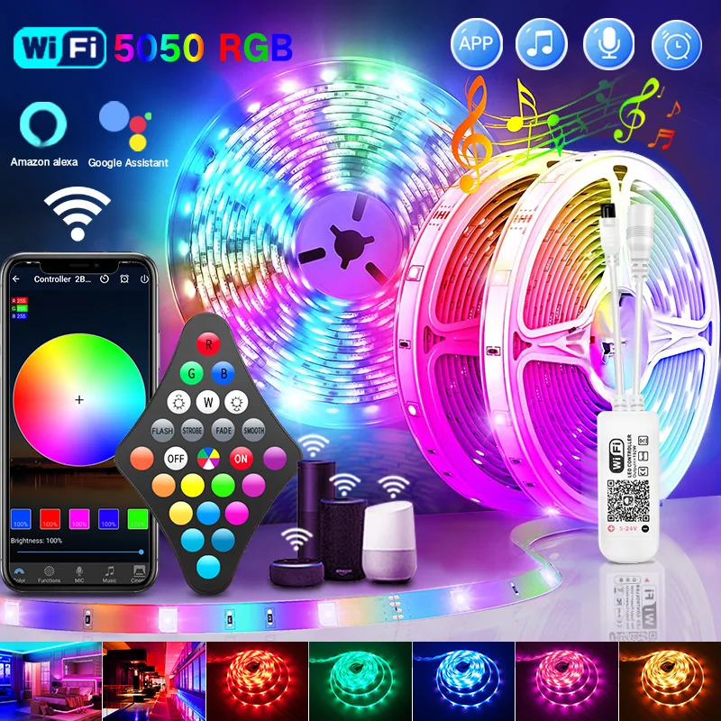 20M 30M 5050 WIFI RGB LED Strips Lights Bluetooth Luces Led Light RGB SMD 2835 Flexible Waterproof Tape Diode Control+Adapter